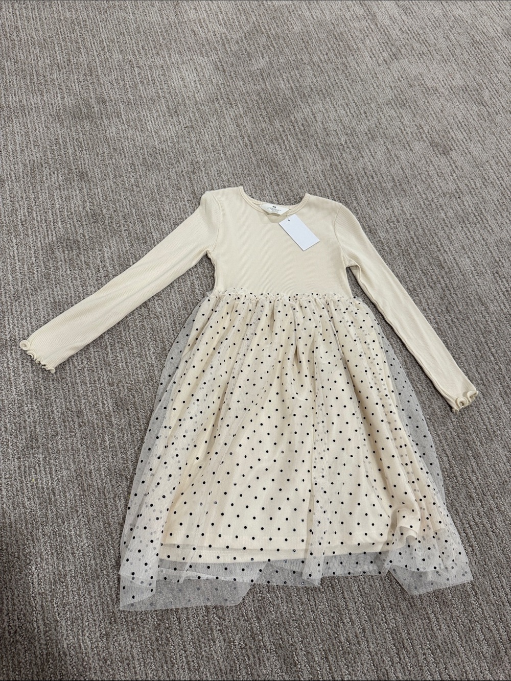 H&M Cream Long-Sleeve Tulle Dress with Black Polka Dots
